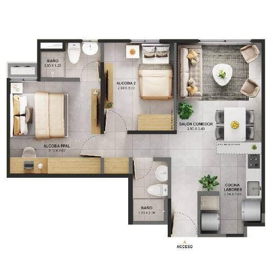 Tipo A - Área total construida 53 m²
