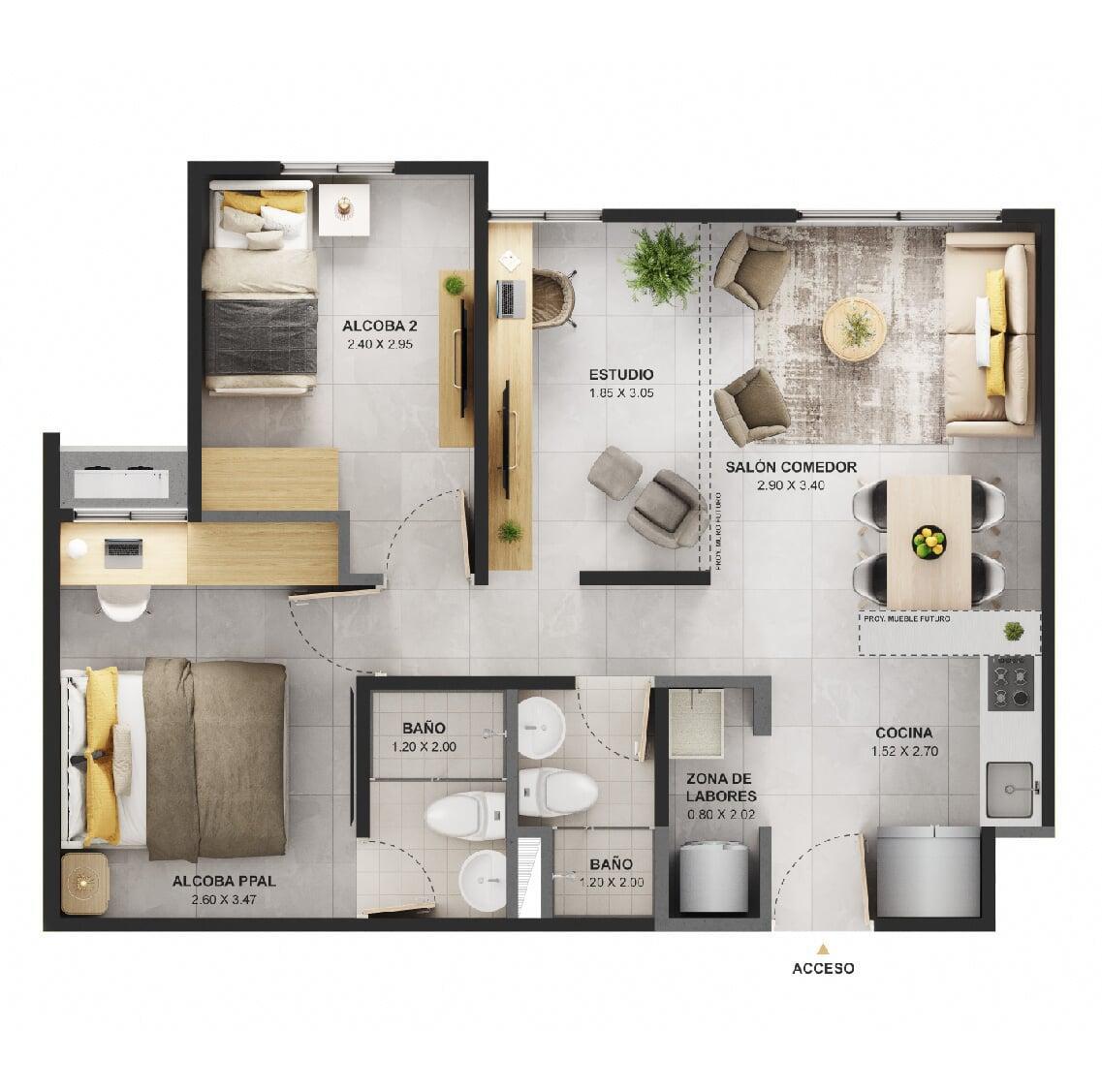 PLANO TIPO 1 - Área total construida 53 m²