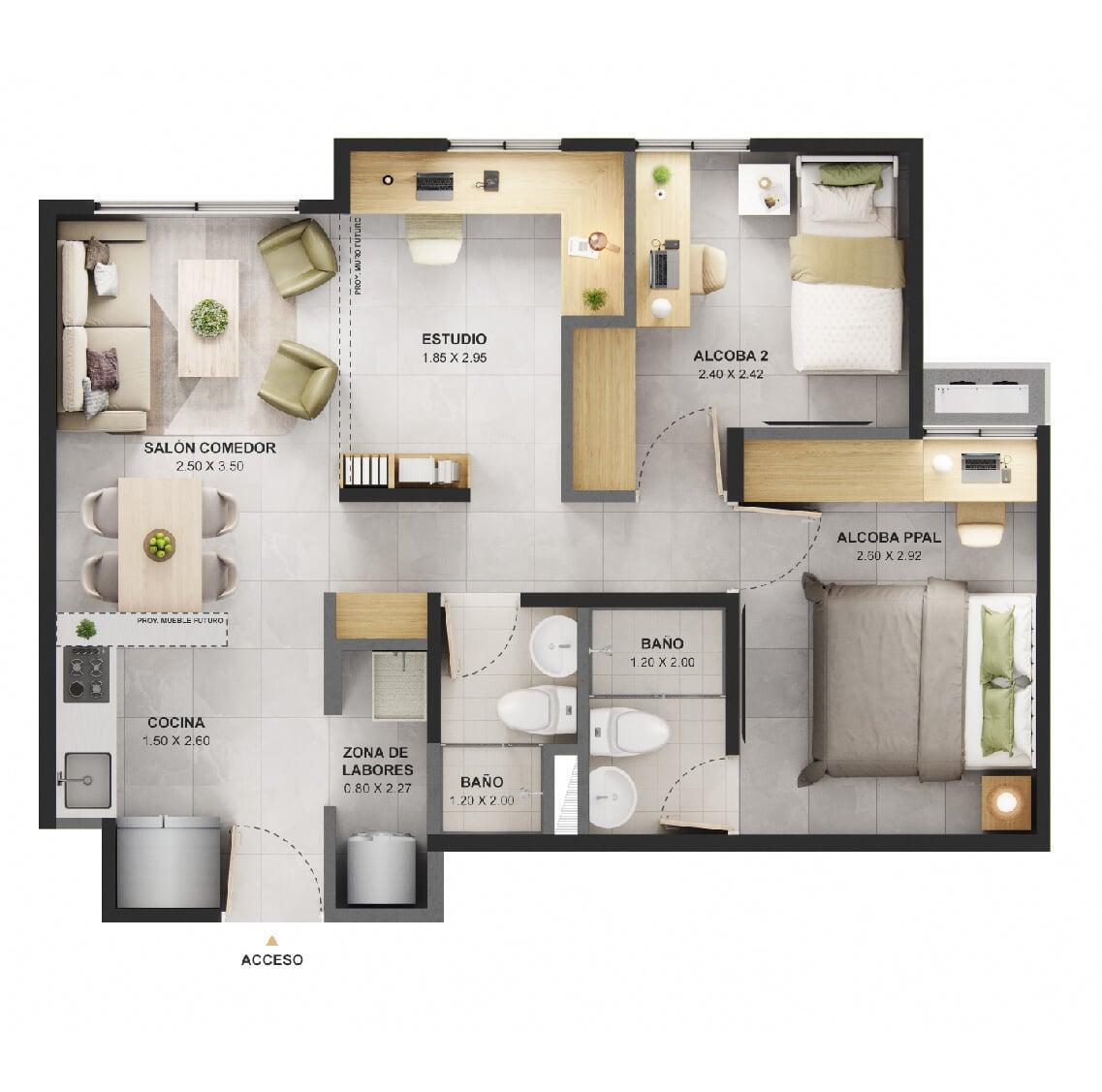 PLANO TIPO 3 - Área total construida 53 m²