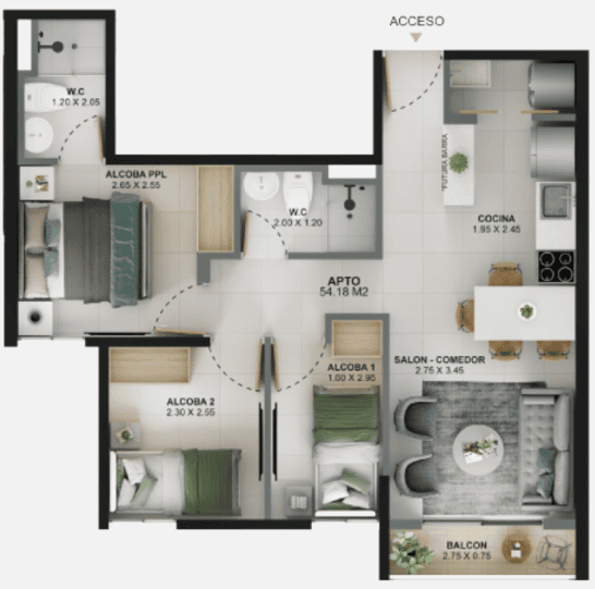 Tipo 1 - Área Total construida 54 m²