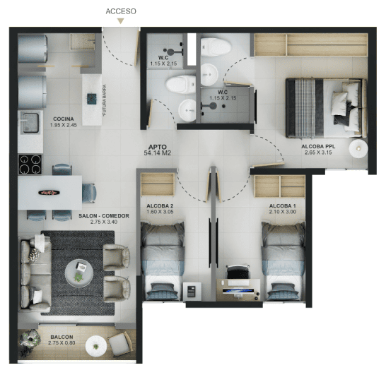 Tipo 1 - Área total construida 54.44 m²