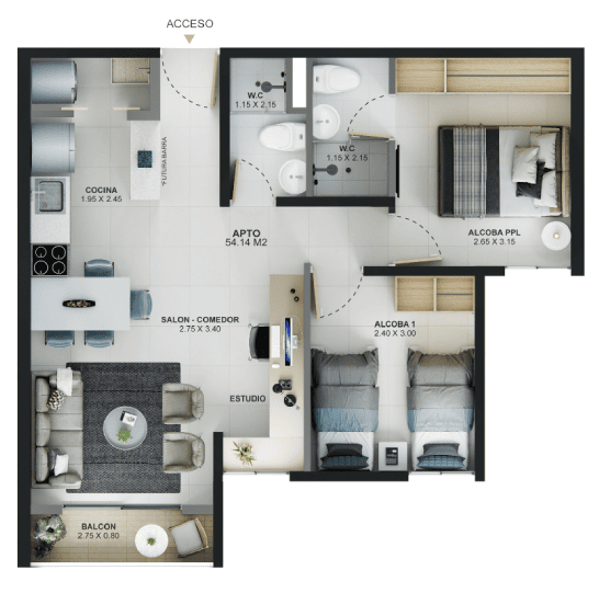 Tipo 2 - Área total construida 54.14 m²