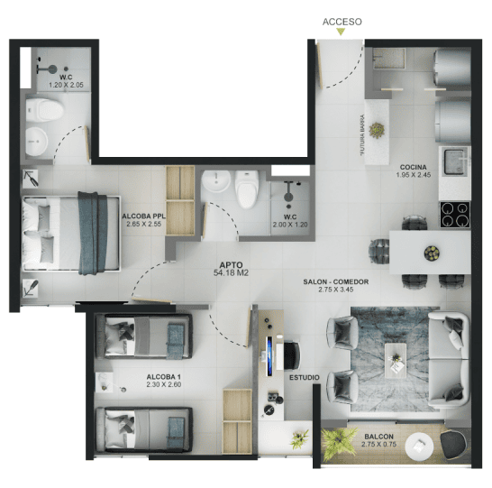 Tipo 3 - Área total construida 54.18 m²