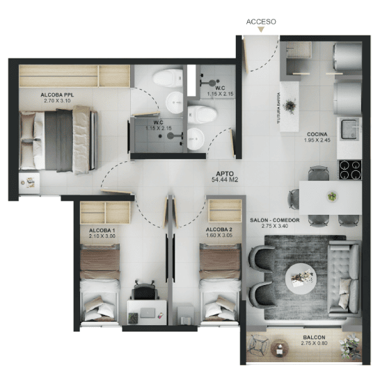 Tipo 2 - Área total construida 54.44 m²