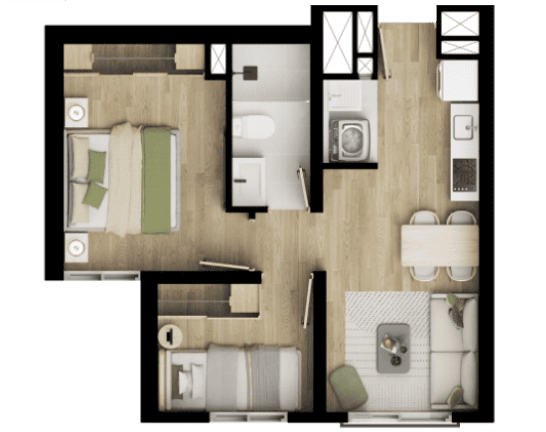 Tipo A VIS - Áreas total Construidas desde 36 m² hasta 38 m² - Áreas privadas desde 30 m² hasta 32 m²