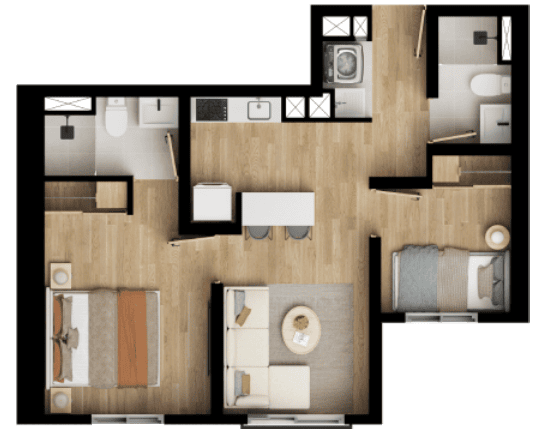Tipo C Y D VIS RU - Área total construida 45 m² - Área privada desde 36 m2 hasta 37 m2