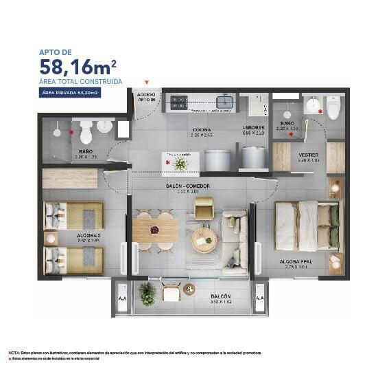 Área total construida 58.16 m²
