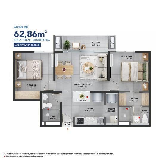 Área total construida 62.86 m²