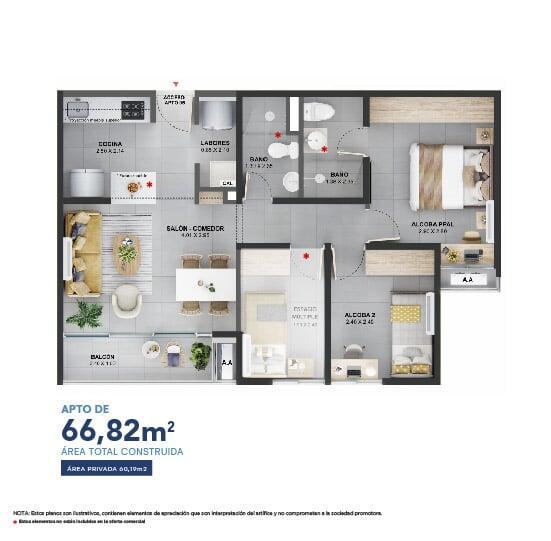 Área total construida 66.82 m²