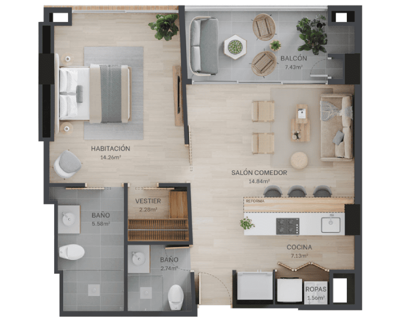 Tipología 1 -Aptos de 64,14 m²